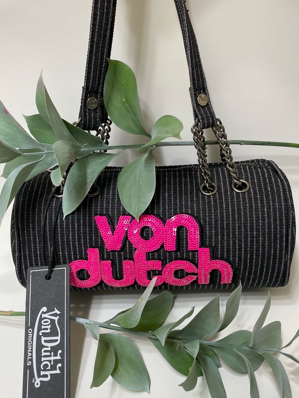 Von Dutch Black Pinstripe Long Barrel Shoulder Bag with Hot Pink Logo